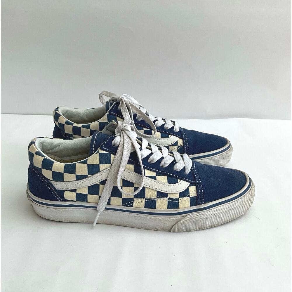 VANS Old Skool Checkerboard Blue White Cream Suede Leather Lace Up Skate Shoes